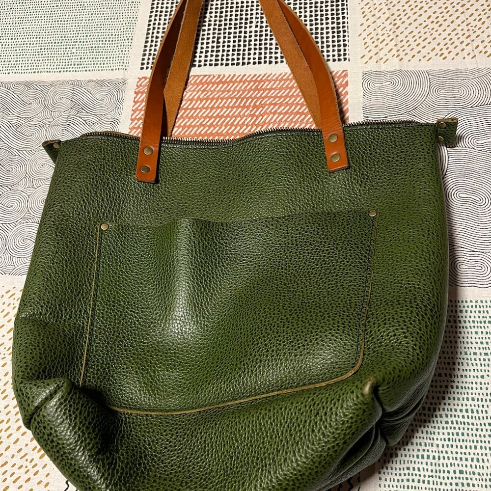 Portland leather goods medium zipper tote in pebbled avocado green
